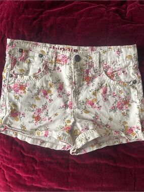 hippie laundry White Floral Kids Denim Shorts with Pink & Gold Flowers